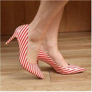 YDN Red Stripe Pointed Toe Mid Heel Pumps Slip on Stiletto Slide Dress Shoe